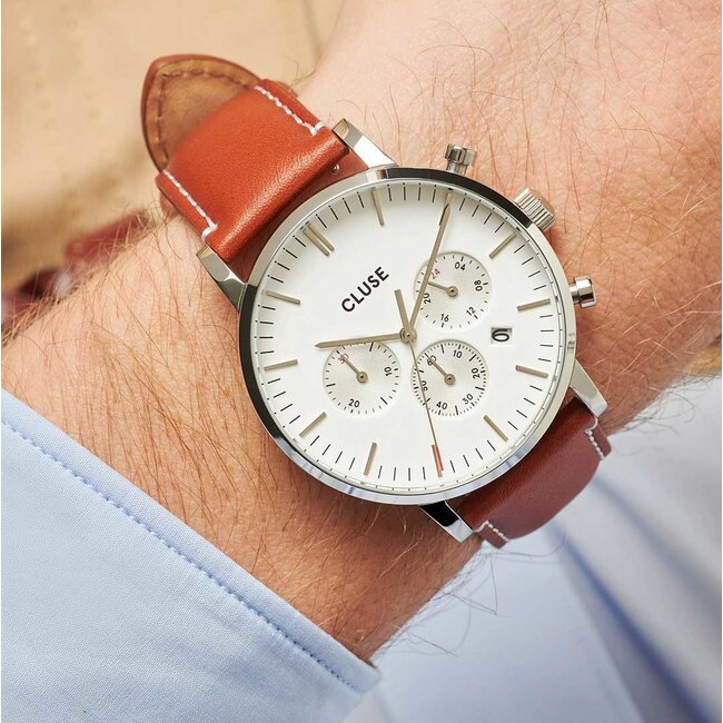 Cluse Uurwerk Aravis Chrono leather, silver, white/light brown