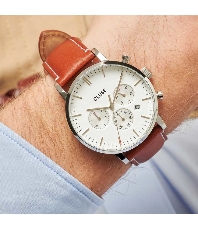 Cluse Uurwerk Aravis Chrono leather, silver, white/light brown