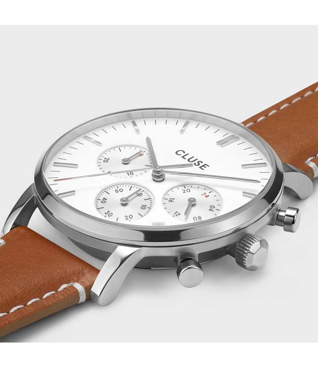 Cluse Uurwerk Aravis Chrono leather, silver, white/light brown
