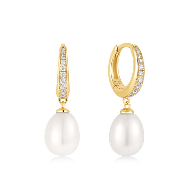 Ania Haie Oorring Freshwater Pearl and White Cubic Zirconia Pavé Drop Huggies