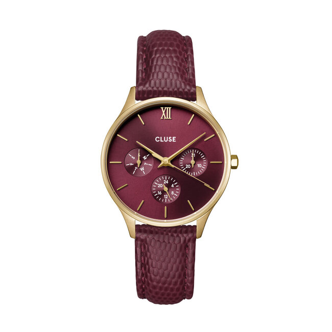 Cluse Uurwerk Minuit multifunction leather, dark cherry lizard, gold