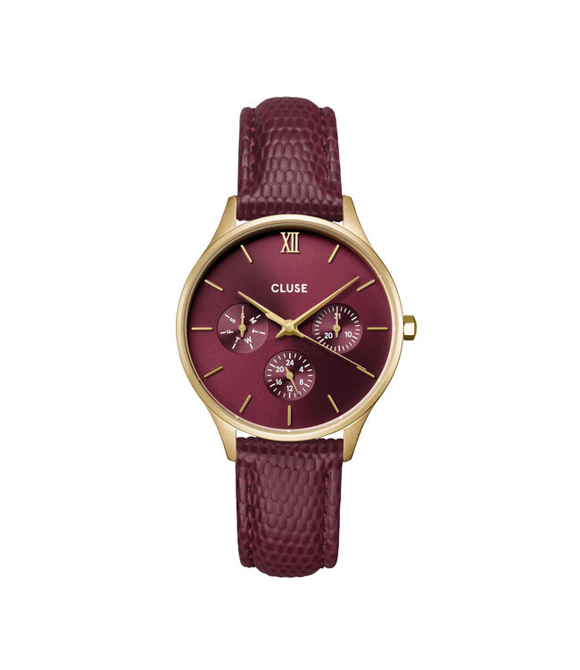Cluse Uurwerk Minuit multifunction leather, dark cherry lizard, gold
