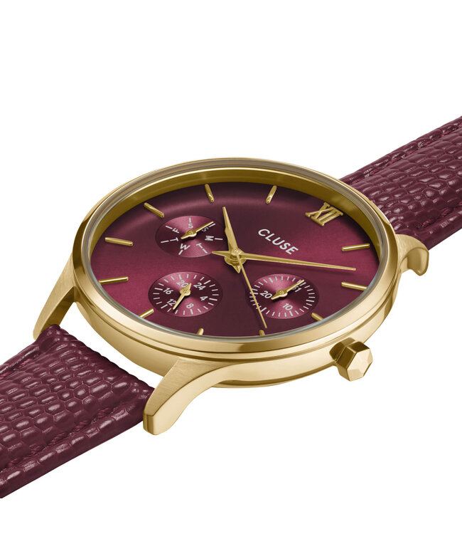 Cluse Uurwerk Minuit multifunction leather, dark cherry lizard, gold