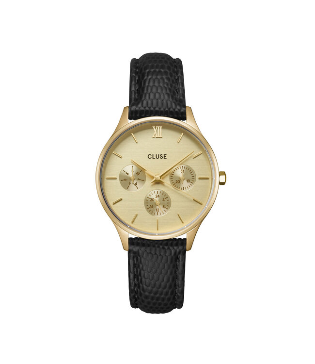 Cluse Uurwerk Minuit multifunction leather black lizard, gold