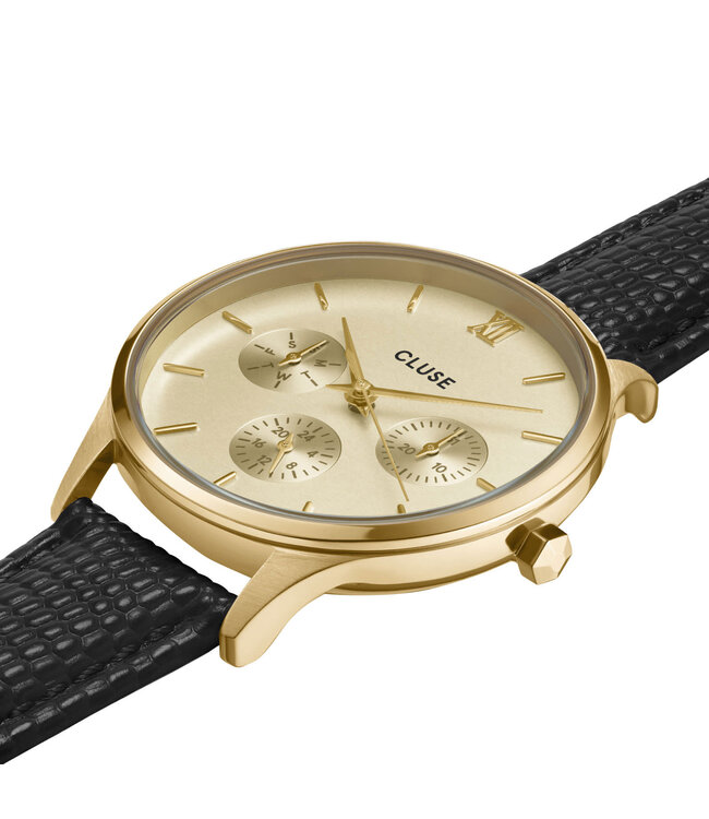 Cluse Uurwerk Minuit multifunction leather black lizard, gold