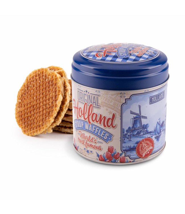 6 stuks blik met stroopwafels Holland delftsblauw & rood