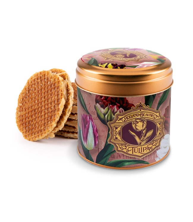 6 stuks blik met stroopwafels tulpen rose embossed