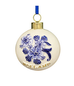 6 stuks kerstornament rond bloemen delftsblauw met goud