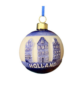 6 stuks kerstornament rond met huisjes delftsblauw