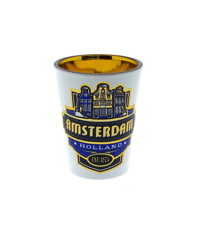 6 stuks shotglas Amsterdam huisjes blauw/goud