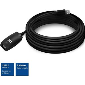 ACT AC6005 | USB 2.0 Signaalversterker | USB-A naar USB-A | 5m | Zwart
