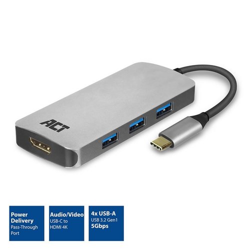 ACT AC7024 interface hub USB 3.2 Gen 1 (3.1 Gen 1) Type-C 5000 Mbit/s Grijs ACT AC7024 interface hub USB 3.2 Gen 1 (3.1 Gen 1) Type-C 5000 Mbit/s Grijs