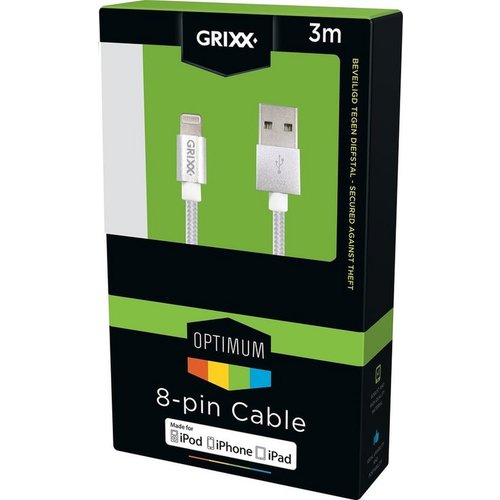 Grixx Optimum Grixx International Laad + datakabel Apple lightning 3m nylon Grixx Optimum Grixx International Laad + datakabel Apple lightning 3m nylon