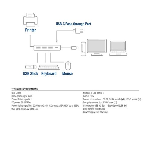 ACT AC7053 USB-C Hub 4 port met PD pass through