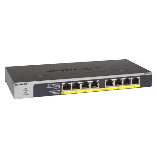 Netgear NETGEAR GS108LP Unmanaged Gigabit Ethernet (10/100/1000) Power over Ethernet (PoE) 1U Zwart, Grijs