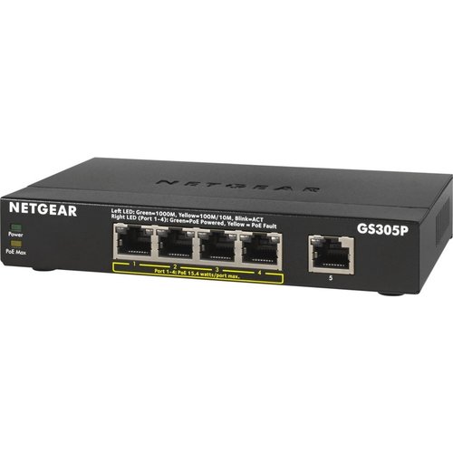 Netgear NETGEAR GS305Pv2 Unmanaged Gigabit Ethernet (10/100/1000) Power over Ethernet (PoE) Zwart Netgear NETGEAR GS305Pv2 Unmanaged Gigabit Ethernet (10/100/1000) Power over Ethernet (PoE) Zwart