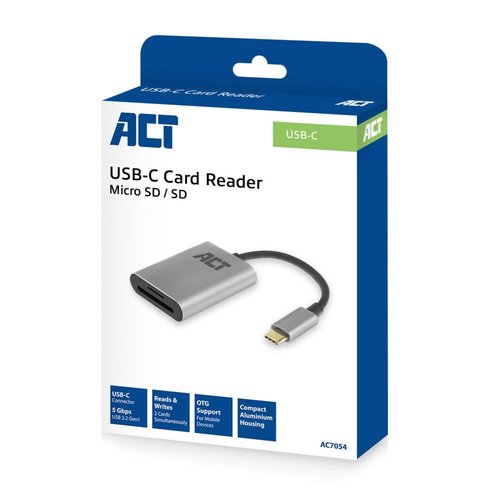 ACT AC7054 geheugenkaartlezer USB 3.2 Gen 1 (3.1 Gen 1) Type-C Zwart, Zilver