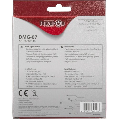Inter-Tech DMG-07 | Wi-Fi 5 & Bluetooth 4.2 USB Adapter | 650 Mbps | Dual-band (2,4 GHz / 5 GHz) | Zwart