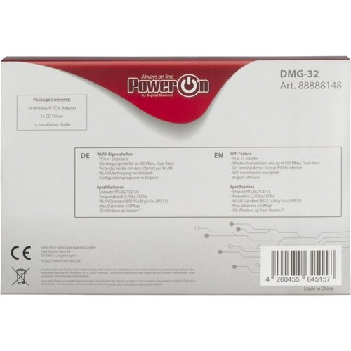 Inter-Tech DMG-32 | Interne WLAN-adapter | PCIe x1 | Wi-Fi 5 (802.11ac) | Dual-band 2,4 & 5 GHz | 650 Mbps | 2x 2dBi antennes Inter-Tech DMG-32 | Interne WLAN-adapter | PCIe x1 | Wi-Fi 5 (802.11ac) | Dual-band 2,4 & 5 GHz | 650 Mbps | 2x 2dBi antennes