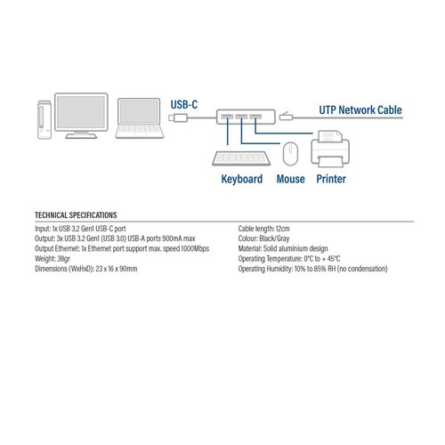 ACT AC7055 3-Poorts USB-C 3.2 (USB 3.0) Hub met Gigabit ethernet poort