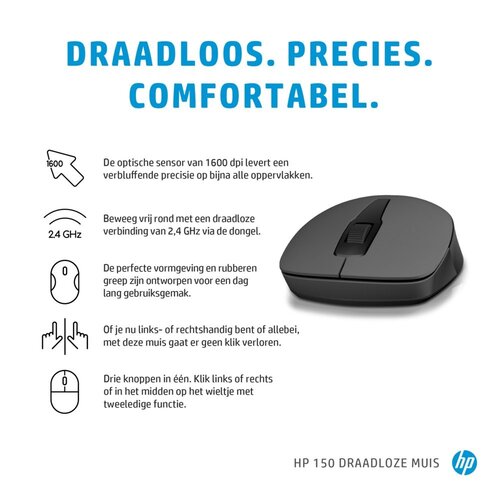 Hewlett Packard HP 150 | Draadloze Muis | Links- en Rechtshandig | 1600 DPI | Zwart