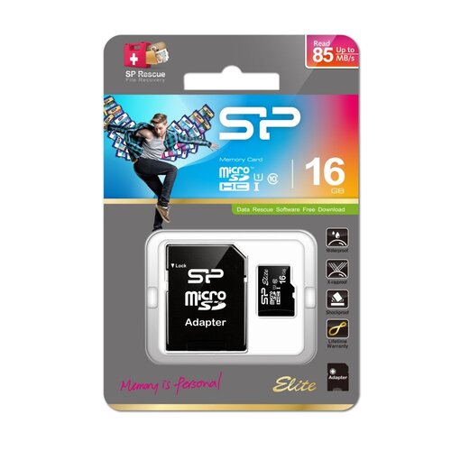 Silicon Power Elite | MicroSDHC | 16GB | Class 10 | UHS-I U1 | Tot 85MB/s | Inclusief SD-adapter | Zwart Silicon Power Elite | MicroSDHC | 16GB | Class 10 | UHS-I U1 | Tot 85MB/s | Inclusief SD-adapter | Zwart