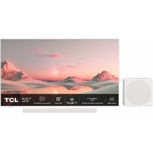 TCL NXTFRAME 55A300W Pro Wit 55" | Ultra HD 4K QLED Smart TV | Draadloze Soundbar en Subwoofer | Google TV + Wifi | HDR10+ | 120Hz TCL NXTFRAME 55A300W Pro Wit 55" | Ultra HD 4K QLED Smart TV | Draadloze Soundbar en Subwoofer | Google TV + Wifi | HDR10+ | 120Hz
