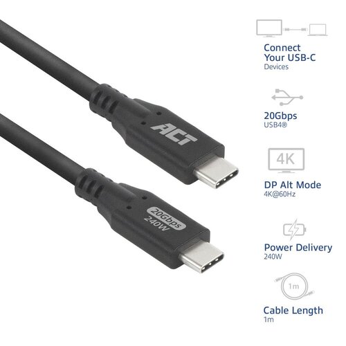 ACT USB4 20Gbps 240W USB Type-C kabel, 1 meter ACT USB4 20Gbps 240W USB Type-C kabel, 1 meter