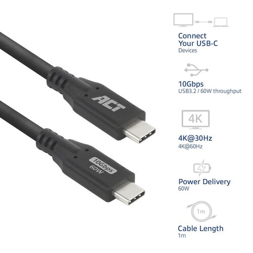 ACT USB 3.0 10Gbps 60W USB Type-C kabel, 1 meter ACT USB 3.0 10Gbps 60W USB Type-C kabel, 1 meter