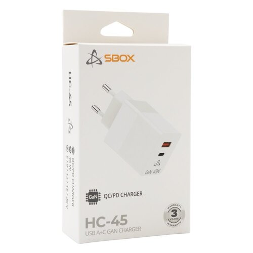 SBOX USB Oplader HC-45 | 45W | USB-A & USB-C (2 Poorten) | Wit