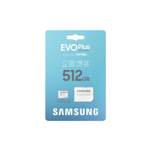 Samsung EVO Plus | MicroSDXC | 512GB | Class 10 | UHS-I U3 | V30 | A2 | Tot 160MB/s | Inclusief adapter Samsung EVO Plus | MicroSDXC | 512GB | Class 10 | UHS-I U3 | V30 | A2 | Tot 160MB/s | Inclusief adapter