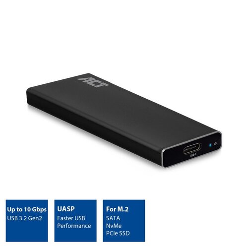 ACT AC1605 | M.2 SATA en NVMe SSD behuizing | USB C | USB 3.2 Gen2 | Tot 10 Gbit/s | Zwart ACT AC1605 | M.2 SATA en NVMe SSD behuizing | USB C | USB 3.2 Gen2 | Tot 10 Gbit/s | Zwart