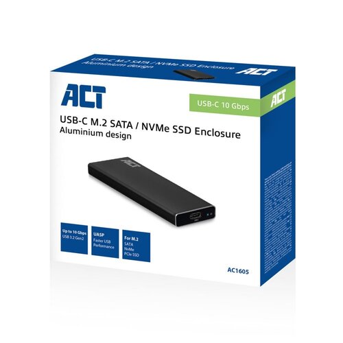 ACT AC1605 | M.2 SATA en NVMe SSD behuizing | USB C | USB 3.2 Gen2 | Tot 10 Gbit/s | Zwart ACT AC1605 | M.2 SATA en NVMe SSD behuizing | USB C | USB 3.2 Gen2 | Tot 10 Gbit/s | Zwart