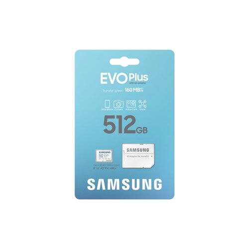Samsung EVO Plus | MicroSDXC | 512GB | Class 10 | UHS-I U3 | V30 | A2 | Tot 160MB/s | Inclusief adapter Samsung EVO Plus | MicroSDXC | 512GB | Class 10 | UHS-I U3 | V30 | A2 | Tot 160MB/s | Inclusief adapter