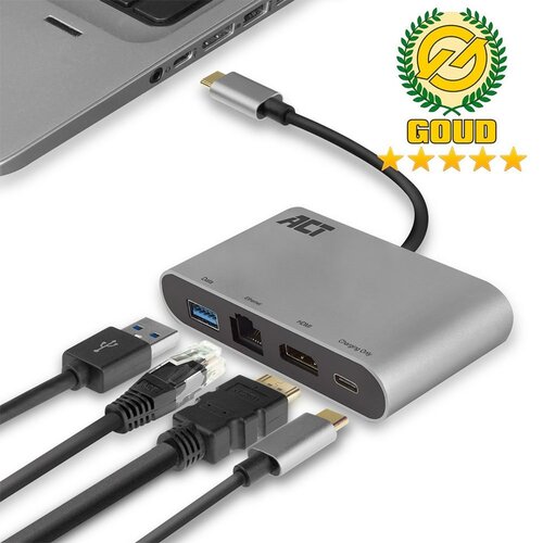 ACT AC7040 | USB-C naar HDMI multiport adapter | Met ethernet | Zilver ACT AC7040 | USB-C naar HDMI multiport adapter | Met ethernet | Zilver