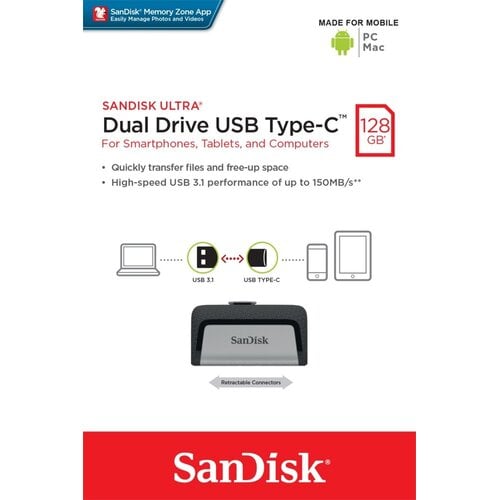 Sandisk SanDisk Ultra Dual Drive USB Type-C | 128GB USB Flash Drive | USB Type-A / USB Type-C 3.2 Gen 1 (3.1 Gen 1) | tot 150 MB/s lezen | Zwart, Zilver
