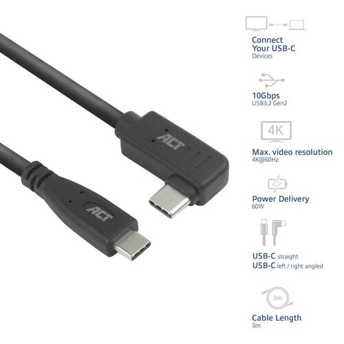 ACT AC7408 | USB 3.2 Gen 2 Kabel | USB-C (recht) naar USB-C (haaks links/rechts) | 60W | 10Gbps | 3m | Zwart