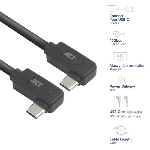ACT AC7486 | USB 3.2 Gen 2 Kabel | USB-C (haaks links/rechts) naar USB-C (haaks links/rechts) | 60W | 10Gbps | 0,5m | Zwart ACT AC7486 | USB 3.2 Gen 2 Kabel | USB-C (haaks links/rechts) naar USB-C (haaks links/rechts) | 60W | 10Gbps | 0,5m | Zwart