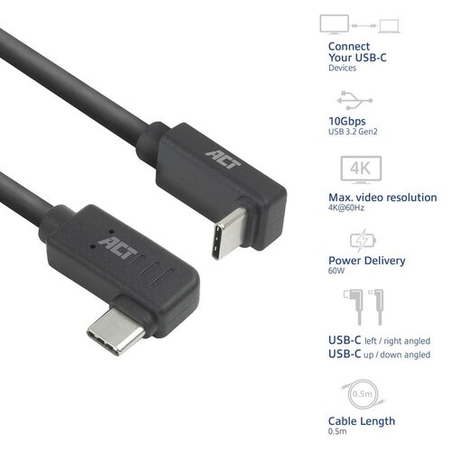 ACT AC7480 | USB 3.2 Gen 2 Kabel | USB-C (haaks links/rechts) naar USB-C (haaks boven/beneden) | 60W | 10Gbps | 0,5m | Zwart
