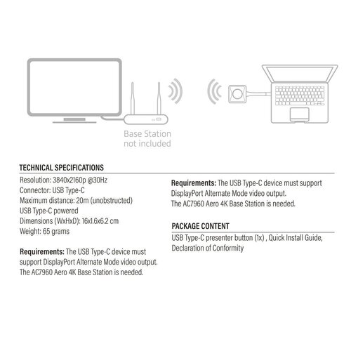 ACT Aero 4K Presentator Knop (AC7961) | USB-C | 4K | Draadloos | Tot 20m | Plug and Play