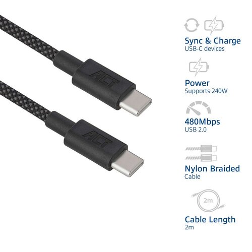 ACT AC3087 | USB 2.0 Kabel | USB-C naar USB-C | 240W | 480Mbps | Zwart | 2 Meter