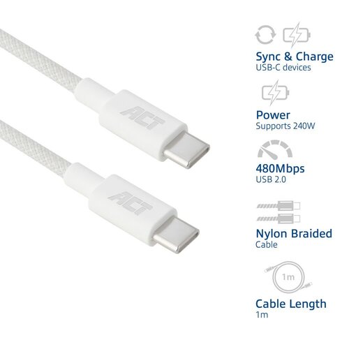 ACT AC3084 | USB 2.0 Kabel | USB-C naar USB-C | 240W | 480Mbps | Wit | 1 Meter