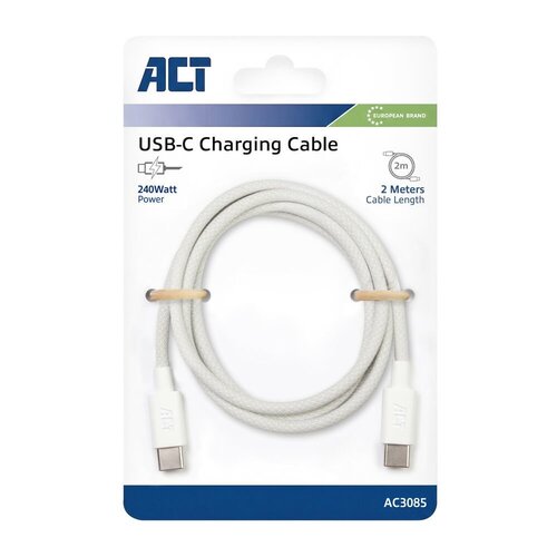 ACT AC3085 | USB 2.0 Kabel | USB-C naar USB-C | 240W | 480Mbps | Wit | 2 Meter