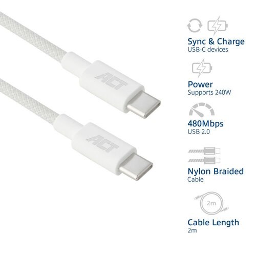 ACT AC3085 | USB 2.0 Kabel | USB-C naar USB-C | 240W | 480Mbps | Wit | 2 Meter