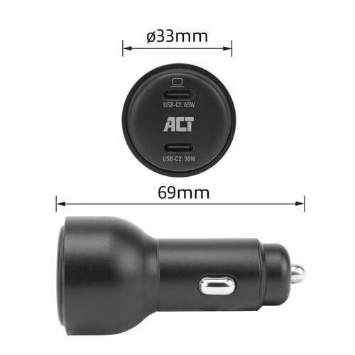 ACT AC2210 | 2 Poorts USB-C Autolader 95W | Power Delivery PPS & Quick Charge 5 | GaNFast ACT AC2210 | 2 Poorts USB-C Autolader 95W | Power Delivery PPS & Quick Charge 5 | GaNFast