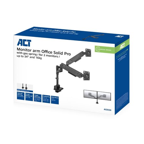 ACT AC8330 | Monitorarm voor 2 Monitoren tot 34" | 16kg per Scherm | Gasveer | VESA 75x75 / 100x100 ACT AC8330 | Monitorarm voor 2 Monitoren tot 34" | 16kg per Scherm | Gasveer | VESA 75x75 / 100x100