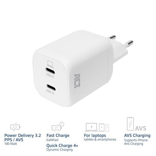 ACT AC2175 | 100W USB-C-lader | 2× USB-C | Power Delivery 3.2 | PPS & AVS | GaNFast ACT AC2175 | 100W USB-C-lader | 2× USB-C | Power Delivery 3.2 | PPS & AVS | GaNFast