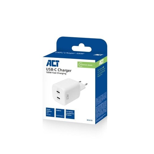 ACT AC2175 | 100W USB-C-lader | 2× USB-C | Power Delivery 3.2 | PPS & AVS | GaNFast ACT AC2175 | 100W USB-C-lader | 2× USB-C | Power Delivery 3.2 | PPS & AVS | GaNFast
