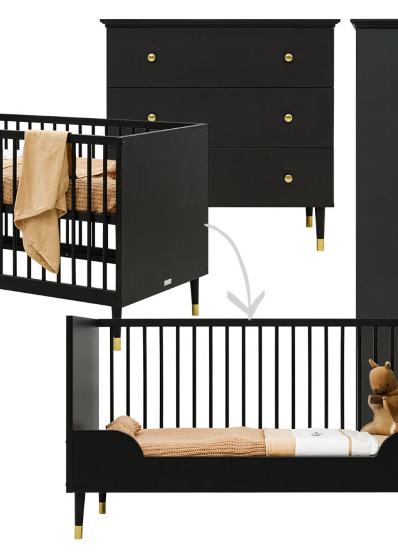 BOPITA Lit 70x140cm + Commode + Armoire  Cloë noire