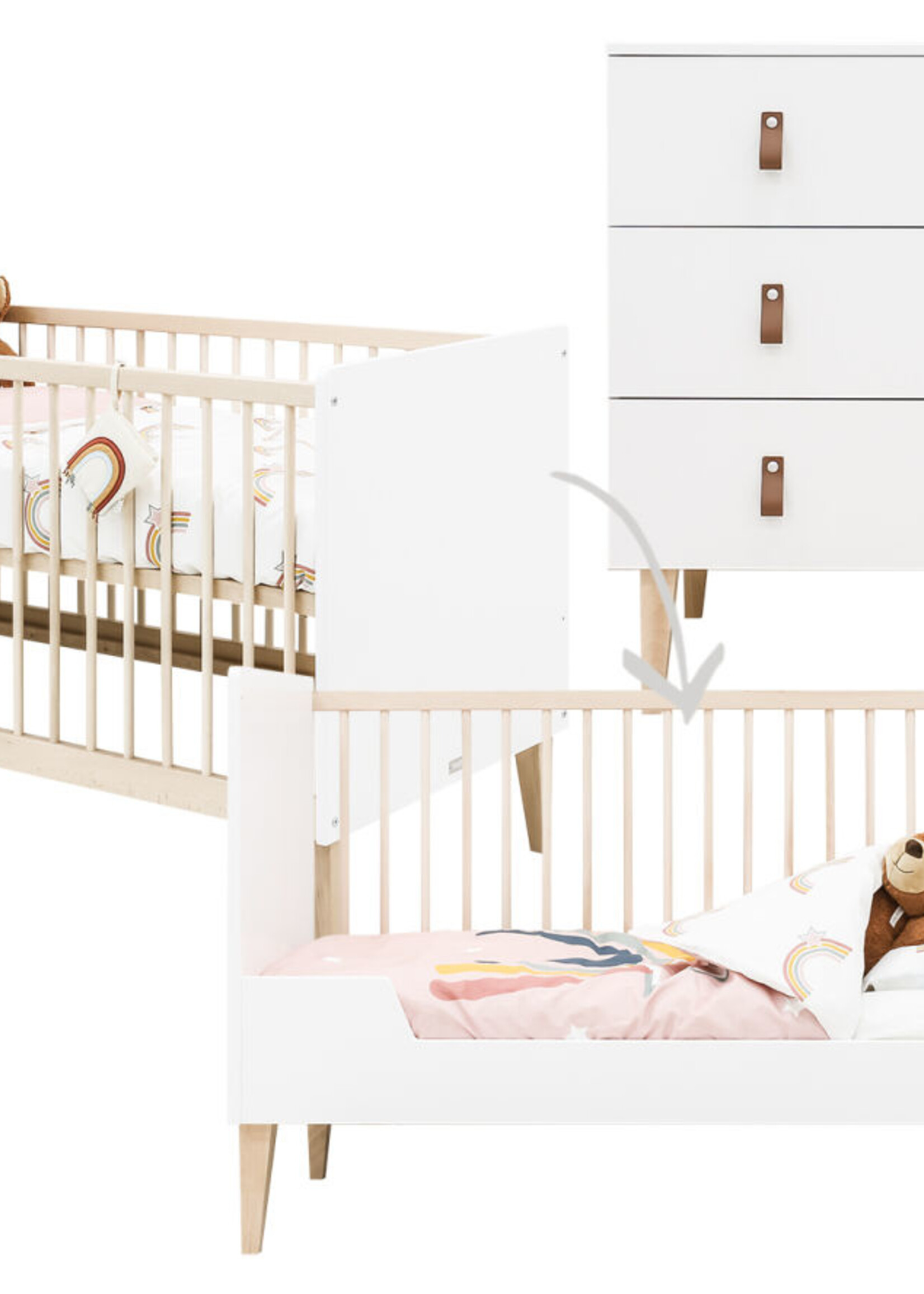 BOPITA Lit 70x140cm + Commode Indy blanc / naturel